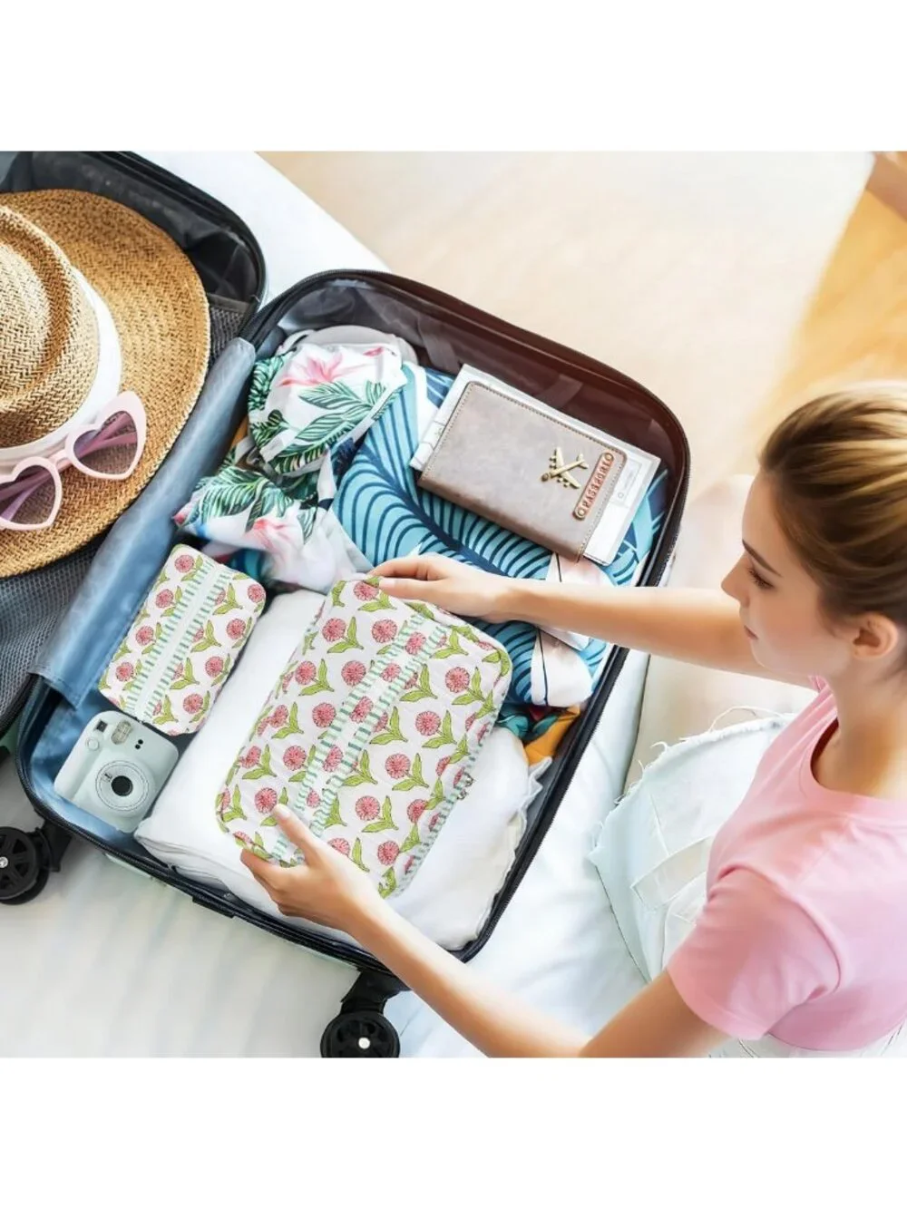 Floral Boho Makeup Bag Set - 2Pcs Large Capacity Cosmetic Organizer for Travel